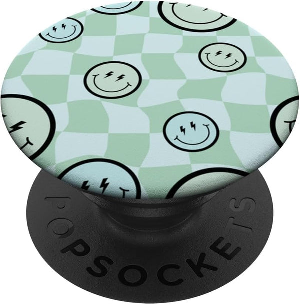 PopSockets Standard PopGrip, Green Mint Retro Twisted Swirl Happy Smiling Face Checkered