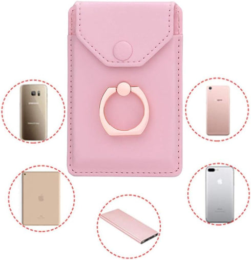 Cell Phone Card Holder RFID Ring Stand Stick on Wallet for Back of Phone, iPhone, Android, All Smartphones - Pink