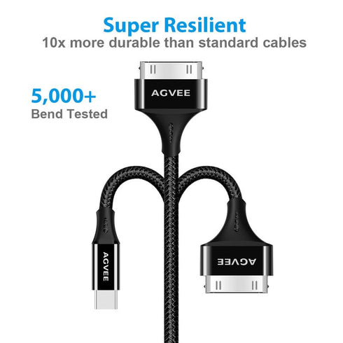 AGVEE 3ft USB-C to 30 Pin Cable (2 Pack) for iPhone 4/4S, iPad 1/2/3, iPod - Braided Metal Shell, Black Charging Cord.
