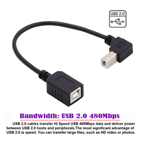 2.0 90 20cm cablecc Type B Male to Female USB Extension Cable Degree Down Angled for Printer Scanner Disk