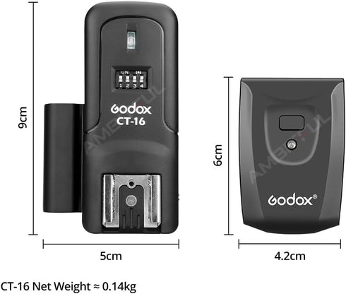 Godox CT-16 Wireless Radio Flash Trigger Kit, 1x Transmitter + 2X Receiver for Canon Nikon Sony