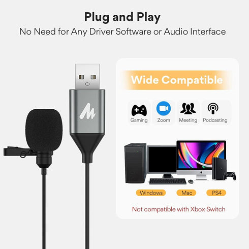 MAONO USB Lavalier Microphone - 192KHZ/24BIT Omnidirectional Clip on Mic for PC, YouTube, Podcasting, AU-UL10