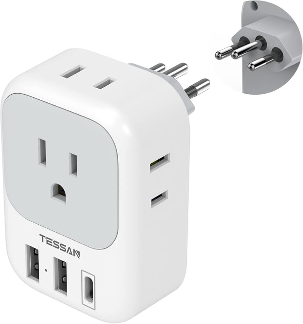 TESSAN Brazil Power Adapter, US to Brazil Travel Plug with 4 American Outlets & 3 USB Charger Ports