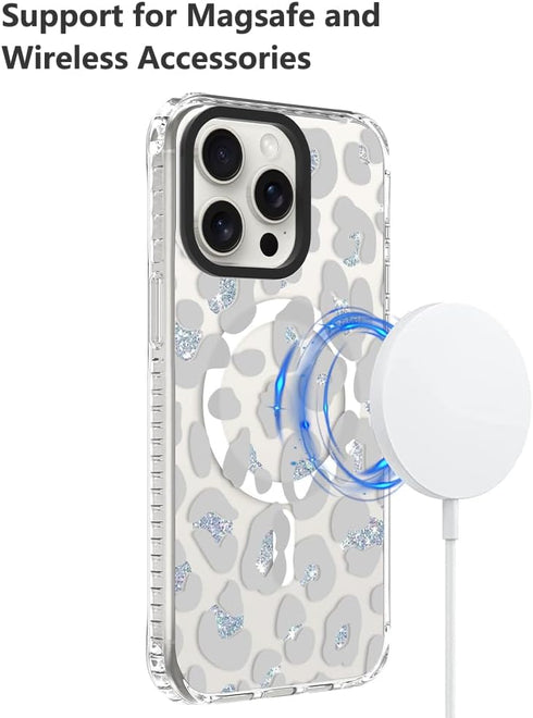 SAKUULO Magnetic iPhone 15 Pro Max Case, Clear Gray Leopard Print, Compatible with MagSafe