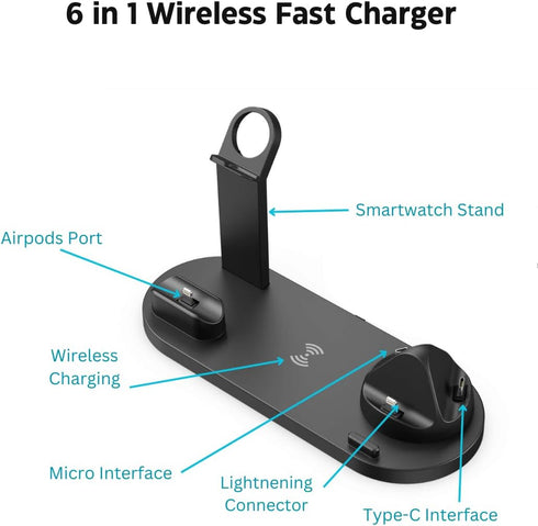 6 in 1 Wireless Fast Charger (Black) Charging Station for iPhones, Smart Phones, Airpods, Smart Watches with USB
