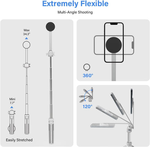 PHOPIK 35" Recording/Selfies/Insta360 x5White Magnetic Selfie Stick Phone Tripod, Extendable Phone Tripod with Cold