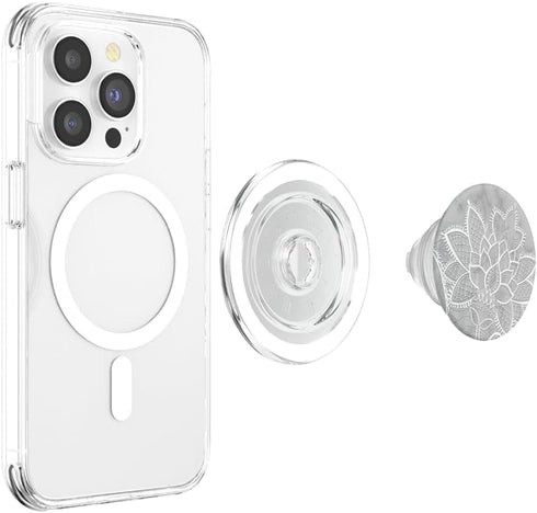 PopSockets MagSafe PopGrip for iPhone, White Grey Lotus Mandala Floral Geometric Sacred Yoga Gift