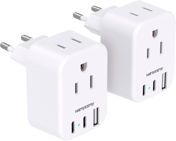 European Travel Plug Adapter, 2 Pack Type C Adapter with 2 Outlets & 2 USB C Ports for US to Europe Travel