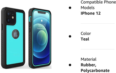 iPhone 12 Waterproof Case, Shockproof Dustproof IP68 Full-Body Hard Case with Built-in Screen Protector, Teal