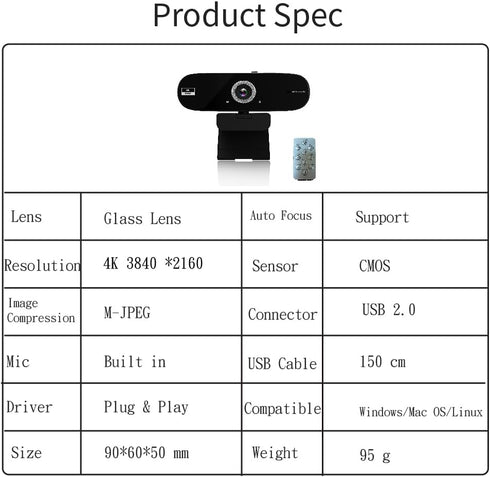 Jinpei (4K) Autofocus Webcam with Privacy Cover