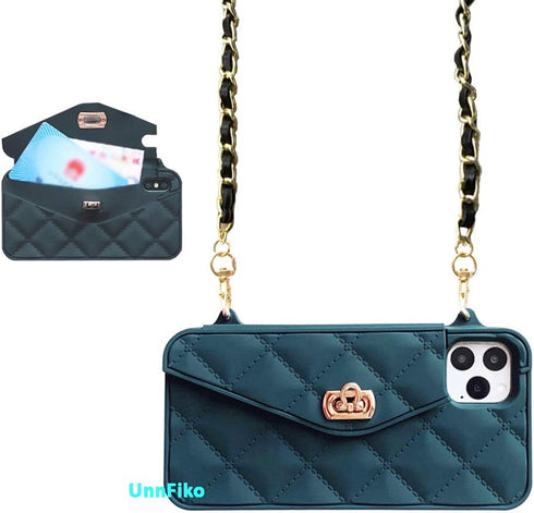 UnnFiko Cute Wallet Case for iPhone 11 Pro, Light Luxury Bag Design, Soft Silicone Cover with Handstrap (Dark Green)