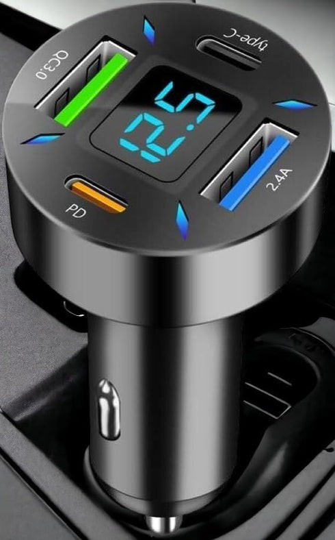 66W Car Charger Cigarette Lighter USB Charger, 4-Port Car Charger, 2 * USB 2.4 +PD+Type C Cigarette Lighter AdapterVoltmeter Compatible with Samsung/iPhone and Other Android and iOS Devices