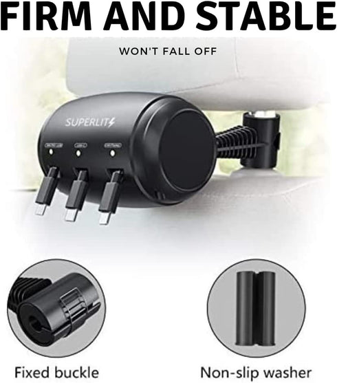 Headrest Car Fast Charger - Retractable Multi Port for USB-C, Android, Apple, 3 in 1 Headrest 3 Feet Cable Charger for