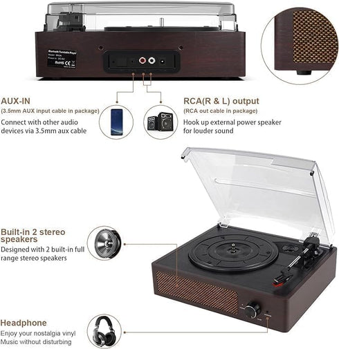 Vinyl Record Player Turntable with Built-in Bluetooth Receiver, 2 Stereo Speakers, 3 Speed Portable Retro Record Player
