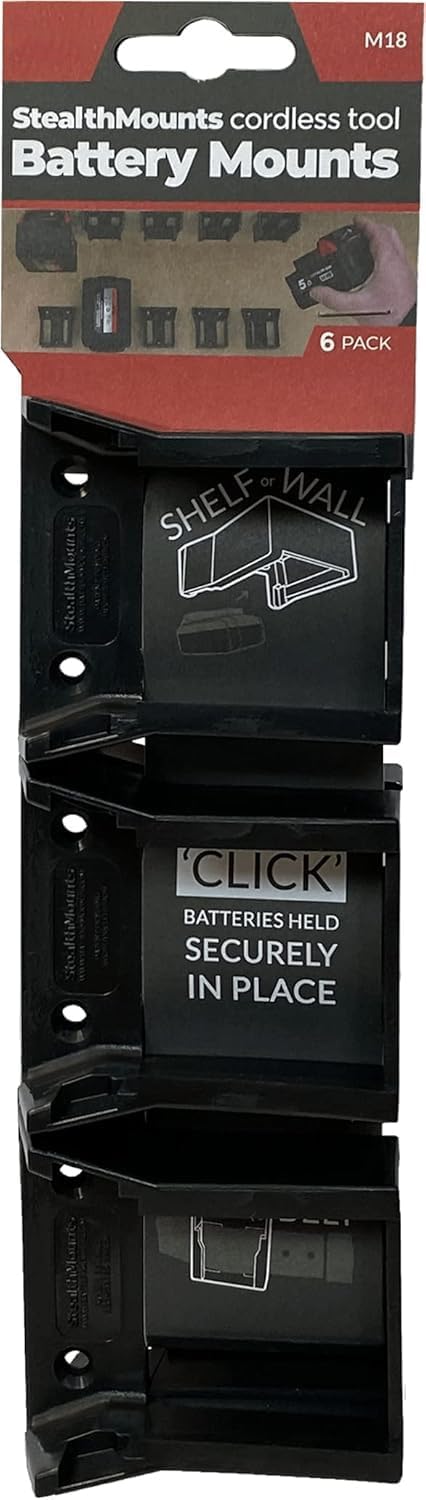 StealthMounts Battery Holder Compatible with Milwaukee M18 (6 Pack) - Black, Made in the UK