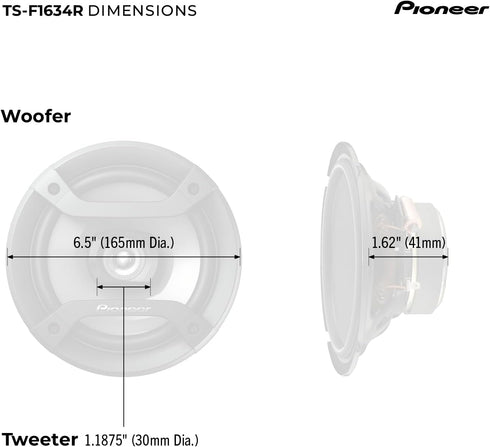 Pioneer TS-F1634R 2-Way Coaxial Car Audio Speakers, Full Range 6.5" Round Speakers 200W Max