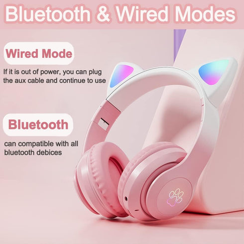 Kids Bluetooth Headphones, Wireless Over-Ear Headphones with Microphone, Cat Ear Design for Girls, Teens, Adults (New