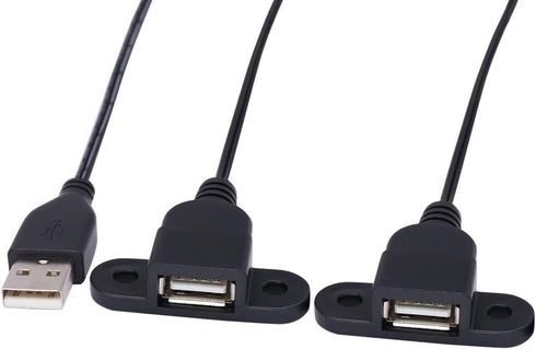 USB 2.0 Male to Dual Female Charging Extension Cable, 5ft, Panel Mount with Screw Hole