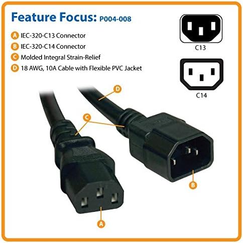 Tripp Lite Standard Computer Power Extension Cord, 10A, 18AWG, 8-ft. (P004-008), Black