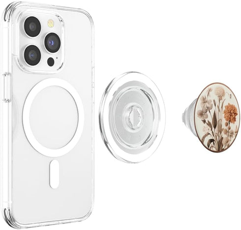 Minimalist Floral Art Boho Aesthetic Cream Light Brown PopSockets PopGrip for MagSafe