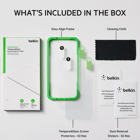 Belkin iPhone 14 Pro Tempered Glass Screen Protector (2-pack) - 9H Hardness, Easy Alignment Guide, Case Compatible.