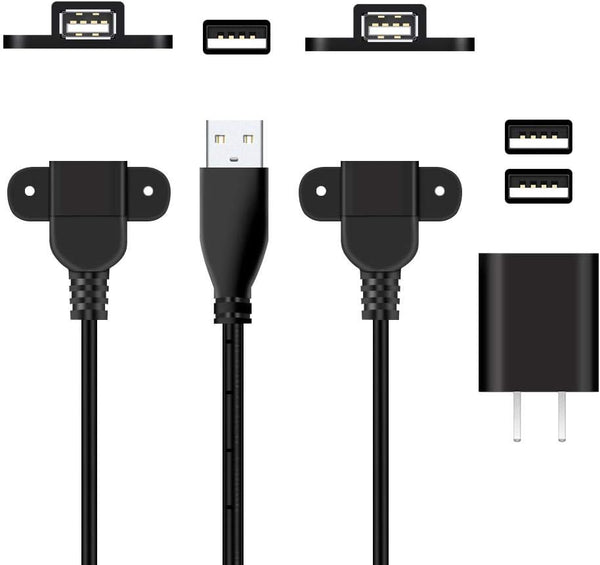 QiCheng&LYS 5ft USB 2.0 Male to Dual Female Charging Extension Cable for Nightstand, Sofa, EV Charging (2 pcs + Adapter)