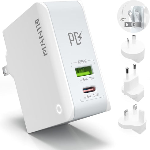 USB C Charger, MANTO 30W 2 Port PD Fast Charger with 20W USB-C Power Adapter, Foldable International Travel Adapter for