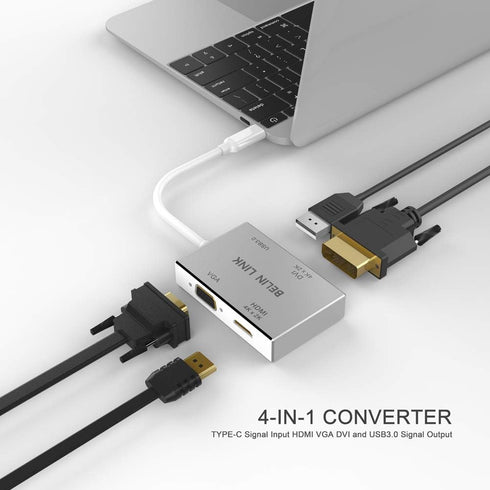 USB C to HDMI DVI VGA USB 3.0 Adapter, USB 3.1 Type-C 4in1 Hub to HDMI DVI 4K VGA Converter for MacBook/MacBook Pro