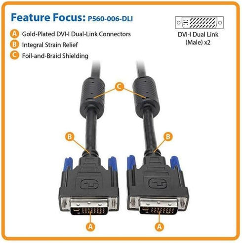 Tripp Lite DVI-I Dual Link Digital and Analog Monitor Cable (DVI-I M/M), 6-ft., 2560 x 1600, Black (P560-006-DLI)