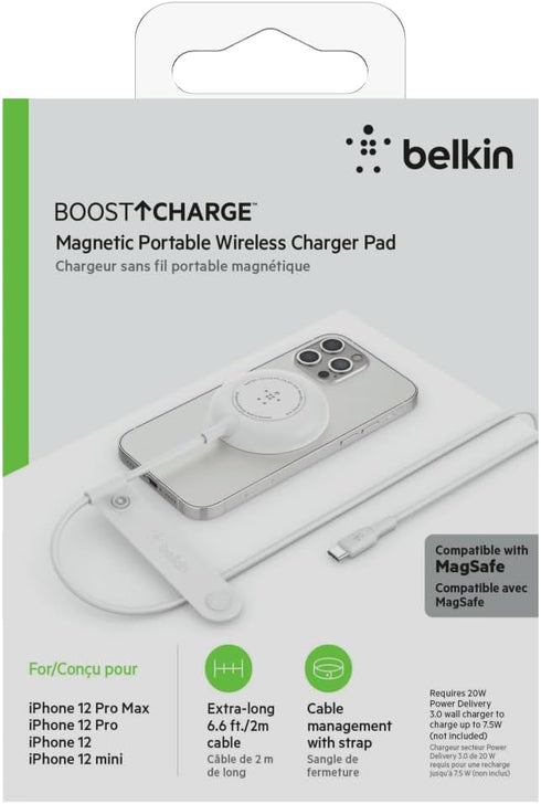 Belkin Magnetic Wireless Charger (Power Supply Not Included) with 2M (6ft) Extra-Long Cable Qi Charging Pad for iPhone