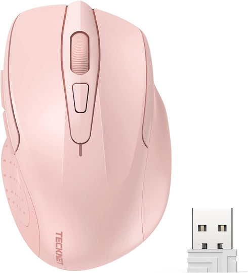 TECKNET Wireless Mouse, 2.4GHz Ergonomic Computer Mouse, Portable Cordless Mice for Laptop, 6 Buttons USB Mouse - Pink