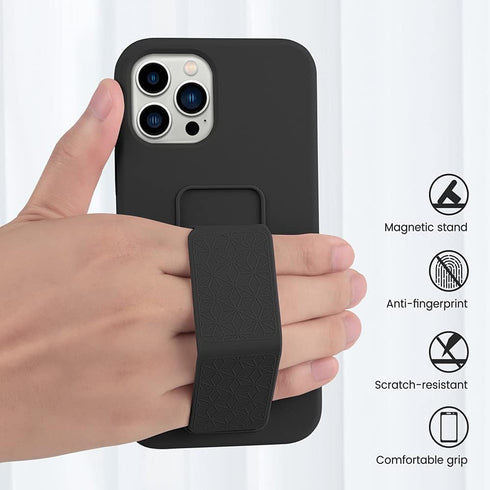 LAUDTEC Silicone Kickstand Case for iPhone 13 Pro Max, Flexible Soft Liquid Silicone with Hand Strap (Black)
