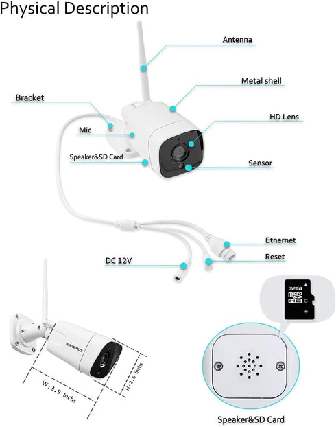Outdoor Wi-Fi Bullet Security Camera, 1080P RTSP IP WiFi Surveillance, Night Vision, 2-Way Audio, Weatherproof (White)