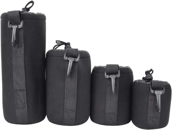 4PCS S M L XL Camera Lens Storage Bag, Portable Neoprene Black Elastic DSLR Lens Cover Pouch Set