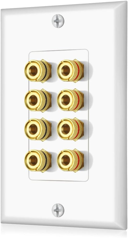 Banana Binding Post Two-Piece Coupler Inset Wall Plate for 4 Speakers, Standard Single Gang White