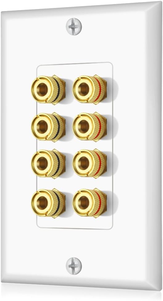Banana Binding Post Two-Piece Coupler Inset Wall Plate for 4 Speakers, Standard Single Gang White
