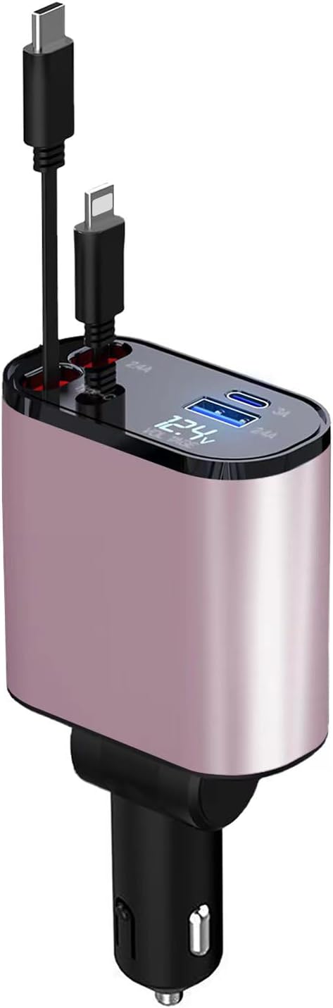 Retractable Car Charger, 4 in 1 Fast 66W Phone Charger with 2 Retractable Cables and USB Car Charger