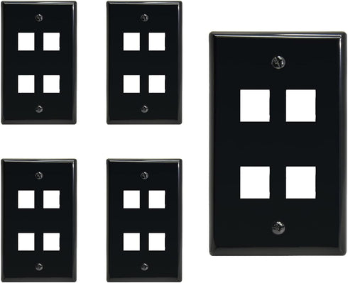 4 Port Keystone Jack Wall Plate, Smooth Face, 5-Pack, Black