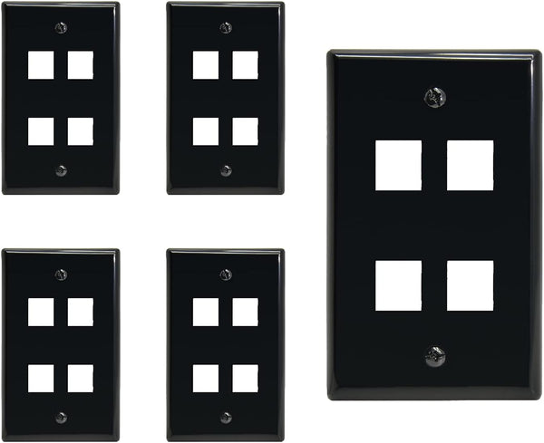 4 Port Keystone Jack Wall Plate, Smooth Face, 5-Pack, Black