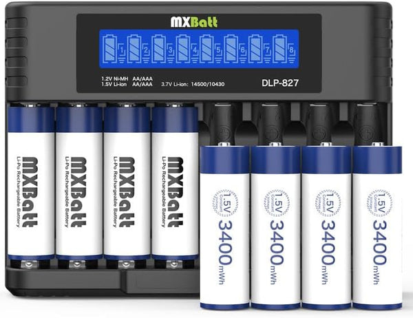 MXBatt AA Batteries Rechargeable Lithium with Charger 8 Bay, 3400mWh 1.5V, 8 Packs