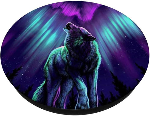 Wolf Howling Silhouette Northern Lights Purple Blue PopSockets Grip and Stand for Phones and Tablets PopSockets Standard PopGrip