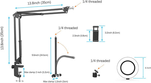 Overhead Camera Mount with Ring Light, Flexible Articulating Phone Arm Stand for iPhone, Logitech Webcam, Desk Tripod