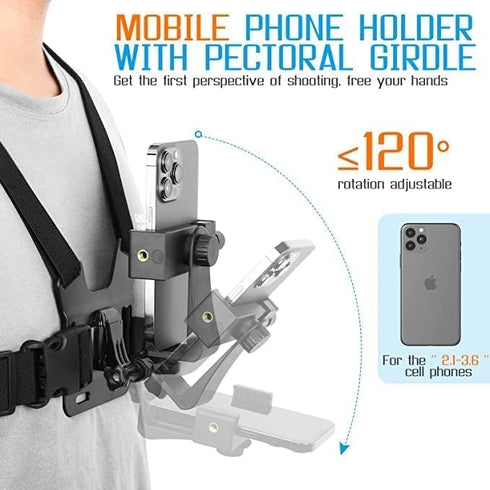 KINGKI Mobile Phone Chest Strap Harness Mount, Head Strap Holder Kit for POV/VLOG, Compatible with iPhone, Samsung,