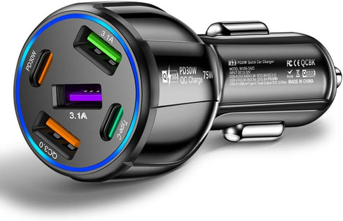 75W USB C Car Charger, 5-Port Adapter, PD & QC3.0 Fast Charging Cigarette Lighter USB Charger for iPhone/Android/Samsung