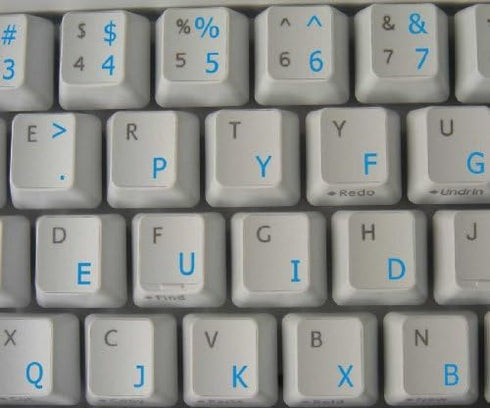 4Keyboard Dvorak Simplified Keyboard Stickers with Blue Lettering ON Transparent Background