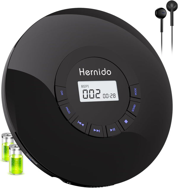 Hernido Portable CD Player with Headphone, Rechargeable CD Player for car, Compact CD