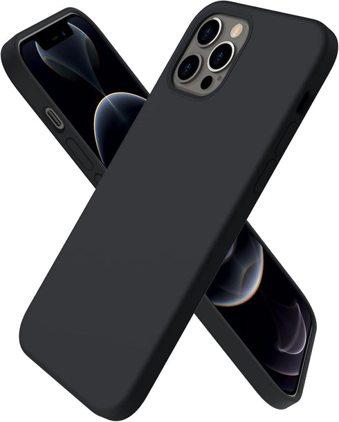 ORNARTO iPhone 12 & 12 Pro Case, Black, Slim Liquid Silicone 3 Layers Full Covered Soft Gel Rubber Phone Cover