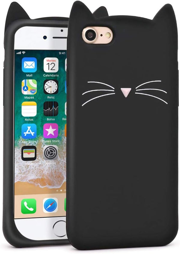 Cute iPhone SE 2022 Case, Black Whisker Cat Ears Funny 3D Cartoon Kitty Soft Silicone Slim Fit