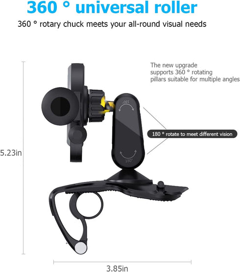 Car Phone Holder Mount, Clip On Auto Dashboard, 360 Degree Rotation Cell Phone Stand for 4 to 6.5 inch Smartphones