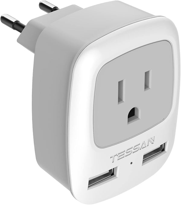 TESSAN European Travel Plug Adapter, International Power Plug with 2 USB Ports, Type C Charger for US to Europe